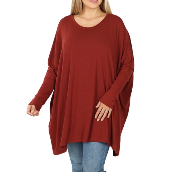 Fired Brick Plus Size Oversized V-Neck Poncho - Picture 1 of 8